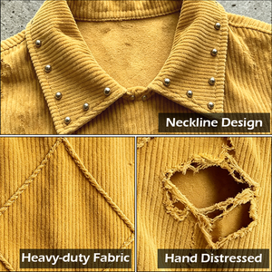 OEM ODM Custom Logo Men Corduroy Distressed Ripped Polo <b>Shirt</b> Rivet Studs <b>Patchwork</b> Boxy Cropped Streetwear Short Sleeve Top - Product Image 2