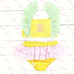 Costume da bagno personalizzato bambino bambina intero costume da bagno con volant bambina piccola Lime blu Seersucker costumi da bagno - Product Image 4
