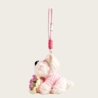Porte-clés en peluche chien blanc mignon Kawaii avec lunettes roses, chemise rayée et bouquet de fleurs pour sac à dos