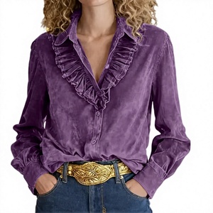 Nuova <span class=keywords><strong>Camicia</strong></span> Satinata a Maniche Lunghe con Bottoni e Orlo Arricciato, Design Bicolore per l'Autunno, Abbigliamento Femminile - Product Image 1