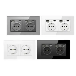 Good Quality Double Tempered Glass Germany EU Wall Socket 146 Electrical Wall Sockets 16A AC250V with USB Type C