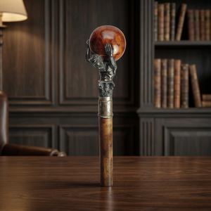 Bastón clásico de latón con figura atlante y mango de esfera de madera, estilo antiguo, decorativo. - Product Image 2