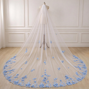 Veli da <span class=keywords><strong>sposa</strong></span> floreali 3D <span class=keywords><strong>blu</strong></span> con pettine, fiori e perle, accessori unici di lusso per la cattedrale, per spose - Product Image 3