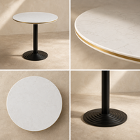 Table à manger moderne en pierre artificielle blanc poissonnier avec piétement en fer pulvérisé, pour usage domestique ou hôtelier, personnalisable, 4 places
