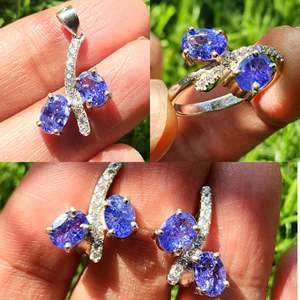 Conjunto de Joyería de Tanzanita con Anillo, Aretes y Colgante en Plata de Ley con Baño de Rodio, Regalo de Cumpleaños, San Valentín - Product Image 1