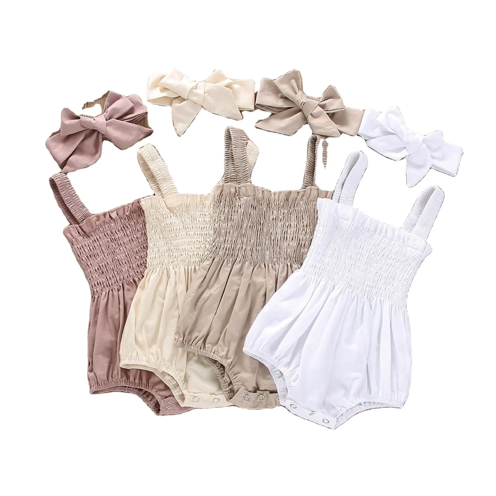 Summer Infant Toddler Girl Romper Clothes Solid Color Sleeveless Baby Onesie Suspender Elastic Baby Bodysuit With Headband
