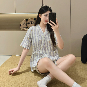 Pyjama d'été pour <span class=keywords><strong>femme</strong></span>, ensemble <span class=keywords><strong>kimono</strong></span> <span class=keywords><strong>Geisha</strong></span> nuageux, mignon, dessin animé, manches courtes et short - Product Image 5