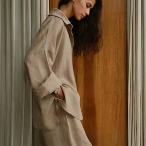 OEM Custom Logo Ootd Casual Linen Clothing Autumn Long Sleeve Loose Shirt for Women High Rise Linen <b>Trousers</b> Suit High Quality - Product Image 3