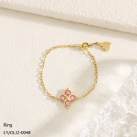 Bijoux pour femmes personnalisés de luxe léger, plaqué or 18 carats, acier inoxydable 304/316, fleur rouge, diamant coloré, chaîne fine, bague