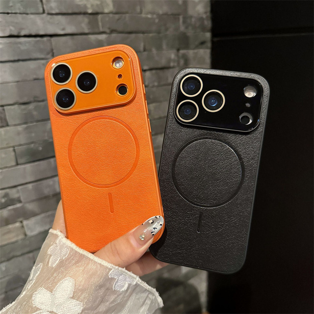 Fashion Leather Embossed Magnetic Camera Glass Mobile Phone Case for iPhone 17 Air 16 15 14 Pro Max Lens Film Pu PC Back Cover