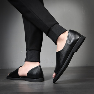 Mules en cuir véritable noir à bout ouvert, semelle extérieure en caoutchouc respirante, pantoufles d'été pour hommes - Product Image 1