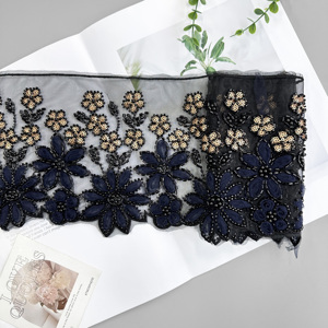 Passamaneria in pizzo floreale nero con perline all'ingrosso |   Pizzo Ricamato a Mano con Perle per Abaya e <span class=keywords><strong>Accessori</strong></span> per <span class=keywords><strong>Abiti</strong></span> <span class=keywords><strong>da</strong></span> <span class=keywords><strong>Sera</strong></span> - Product Image 4