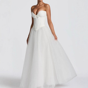 Vestido de noche sin tirantes con corte en A para mujer, de tul de color liso, ajustado con cintura ceñida, vestido largo de fiesta - Product Image 5