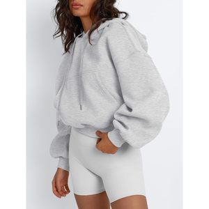 Sweat-shirt à capuche court pour femme, manches longues, coupe ample, en mélange de coton tricoté, avec poches, style décontracté - Product Image 3