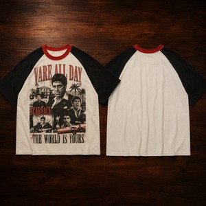 T-shirt Grafica Raglan Bianca con Stampa <span class=keywords><strong>Scarface</strong></span> All Day World Is Yours, Stile Distressed Streetwear, 100% Cotone 300g, Metour Ingrosso - Product Image 3