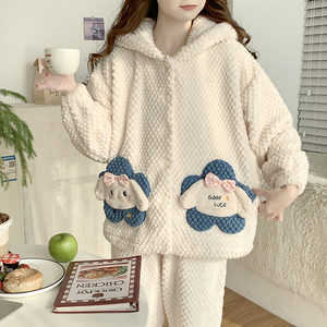Ensembles de vêtements de nuit 8002 #   Pyjama d'hiver en velours rose à capuche pour <span class=keywords><strong>femme</strong></span>, pyjama chien à grandes oreilles - Product Image 4