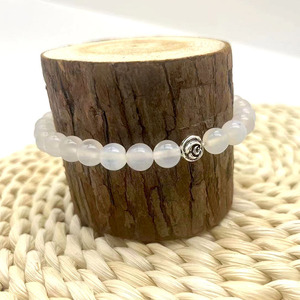 White Agate <b>Beaded</b> <b>Bracelet</b> With Rose Charm Elastic Band Minimalist Jewelry Gift For Women - Product Image 2