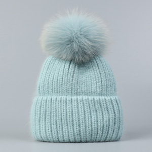 Ladies Fuzzy <span class=keywords><strong>Orange</strong></span> Fuchsia Warm Thick Ribbed Knit Laine Rabbit Hair Blended Fox Fur Pompom Beanie Tuque Winter Hat with Fur Ball - Product Image 6
