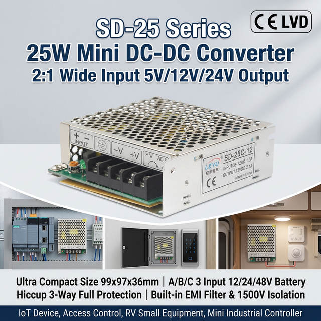 25W DC to DC Converter 24V to 5V 5A Isolated SD-25C-5 2:1 Wide Input Fanless Compact for Industrial Control
