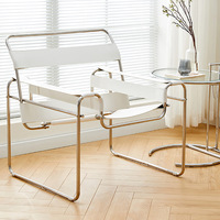 Fauteuil lounge Bauhaus, structure en acier tubulaire chromé, revêtement en cuir blanc, style Wassily, fauteuil d'appoint, salon, minimaliste, KD