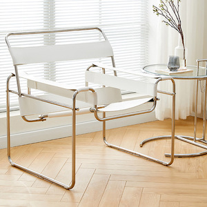 Fauteuil KD Constructivist en acier inoxydable avec cadre <span class=keywords><strong>tubulaire</strong></span> et assise en <span class=keywords><strong>cuir</strong></span> blanc pour loft urbain et bureau à domicile - Product Image 3