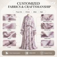 Ensemble de prière personnalisé pour femmes, deux pièces, imprimé floral, polyester satiné, khimar abaya, respirant, léger, OEM ODM, marque privée, islamique