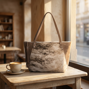 Sac fourre-tout en cuir véritable pour femme, imprimé animal, style bohème, fermeture à glissière, décorations à pompons, deux poignées, sac de shopping toutes saisons - Product Image 5