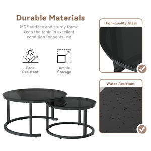 Ensemble de tables basses gigognes modernes en verre, 2 pièces, multifonctionnelles, surface imperméable, pieds réglables, structure en acier, écologiques - Product Image 4