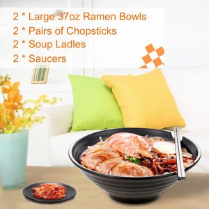 Juego de cuencos y cucharas de melamina mate grandes y negras de 37oz con palillos y platillos para Fideos de sopa Pho Thai Miso <span class=keywords><strong>Udon</strong></span> o comida asiática - Product Image 3