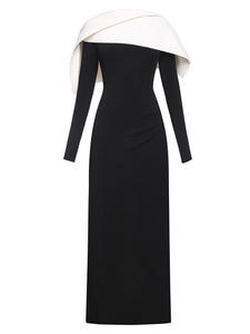 Abito Formale Lungo a Pieghe con Blocchi di Colore Bianco <span class=keywords><strong>e</strong></span> Nero, Lavorato a Maglia, con Vita Stretta <span class=keywords><strong>e</strong></span> Effetto Snellente, Collezione Primavera Estate 2026 - Product Image 1