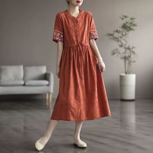 Washed Jacquard Cotton Mid Length <b>Dress</b> With Embroidery V Neck A Line <b>Elastic</b> Waist For Women Daily Wear Short Sleeve Orange - Product Image 1