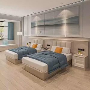 Juego de Muebles de Dormitorio de Hotel Comercial Minimalista Moderno, Cama de Plataforma con Marco de Madera con Cabecera Tapizada, Mesitas de Noche, Mueble para TV - Product Image 5