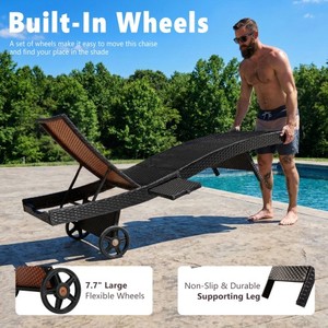 80" Wicker Modern Chaise Lounge Chair Set 2 Reclining Rolling Wheels Side <b>Table</b> Adjustable Backrest-Portable Eco-Friendly Black - Product Image 6