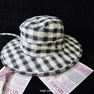 Korean Style Plaid Fisherman Hat Women's Wide Brim Cotton Bucket Hat Spring Summer <b>Sunscreen</b> - Product Image 4