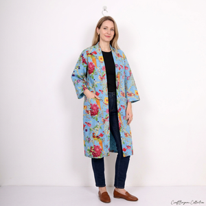 Kimono Corto Kantha Hecho a Mano, Estilo Vintage, 100% Algodón, Patrón Floral de Lujo, Abrigo Acolchado Indio, Cuello en V, Cordón Ajustable, Suave y Liso - Product Image 1