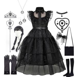 Disfraz de Halloween de TV y Cine, Vestido Gótico Negro de Merlina, Disfraz de Carnaval para Niñas con Cinturón, Traje para Fiesta o Espectáculo Infantil - Product Image 1