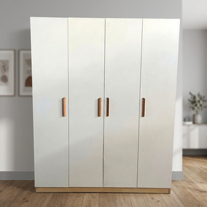 Modern White <b>Wardrobe</b> With Wooden Handles Freestanding Bedroom Storage Cabinet Minimalist Design - Product Image 5