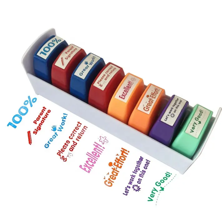 8 adet öğretmen pulları okul malzemeleri için kendinden mürekkepli sınıflandırma pullar ödül renkli damga depolama tepsisi ile