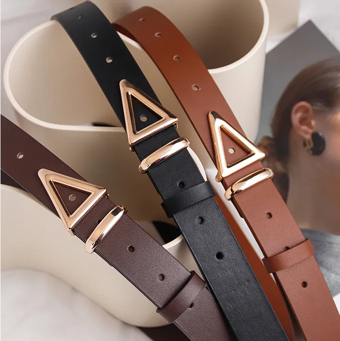 Skinny Genuine Leather Girls Jeans Dress Belt with Gold Triangle Buckle Women 100% Leather Thin Belt with Metal Triangle Buckle