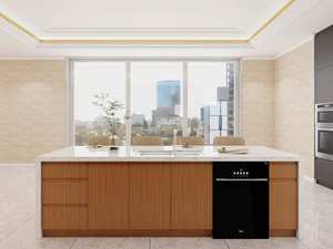 Armoires modulaires personnalisables modernes, contreplaqué, motif marbre, plan de travail, évier, accessoires de cuisine propres et lumineux - Product Image 5