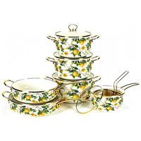 Ensemble de casseroles en émail à motif floral européen, bord doré, double poignée, pot à soupe et à ragoût en émail, compatible avec les cuisinières à induction