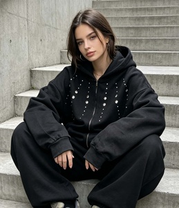 <b>Zip</b>-up Studs Cropped 100% Cotton French Terry Custom Logo <b>Hoodie</b> Oversized Boxy Distressed Mens Hoodies - Product Image 1