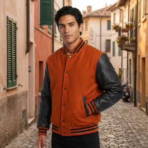 Men's Orange Wool/Polyester Varsity <b>Jacket</b> <b>Leather</b> Sleeves Stand Collar Eco-Friendly Quick Dry Customizable <b>Winter</b> Casual Wear - Product Image 1