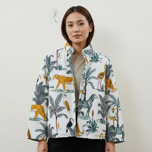 Jungle Darbar All-Over Animal Print Woven Cotton Safari Jacket <b>Zipper</b> Stand Collar Summer Ivory Vintage Breathable Lightweight - Product Image 1