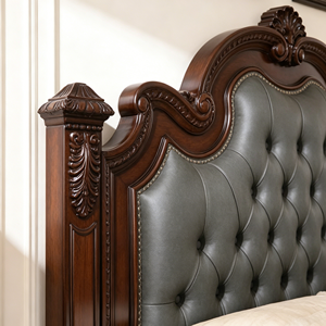 Traditional Queen Size Upholstered Wooden Bed with Genuine Leather Headboard and Carved Frame - Product Image 3