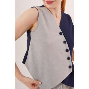 Gilet pour femme bleu marine en gros, motif croisé, bouton brodé, style extérieur, longueur longue, veste sans manches, tissu tissé, coton tricoté - Product Image 4