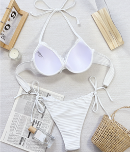 STOCK Bikini <span class=keywords><strong>blanc</strong></span> à volants sur les côtés et à armatures côtelées <span class=keywords><strong>Maillot</strong></span> <span class=keywords><strong>de</strong></span> <span class=keywords><strong>bain</strong></span> deux pièces <span class=keywords><strong>push</strong></span> <span class=keywords><strong>up</strong></span> sexy pour femme - Product Image 6