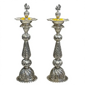 SILVER PLATED FINE CARVING SAMAI / <b>LAMP</b> BIG SIZE WITH ROUND <b>BASE</b> - Product Image 1