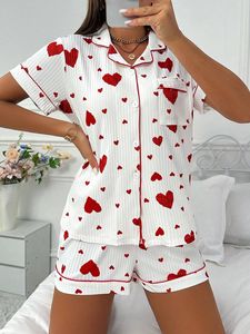 Conjunto de Pijama Casual para Mujer, Estampado de Corazones, Una Camiseta de Manga Corta, Un Par de Pantalones Cortos, Lazo, para Verano, Ropa de Dormir para la Noche - Product Image 2