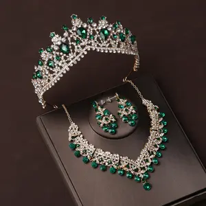 Copricapo da sposa europeo e americano Vintage verde diamante barocca corona matrimonio Set tre pezzi